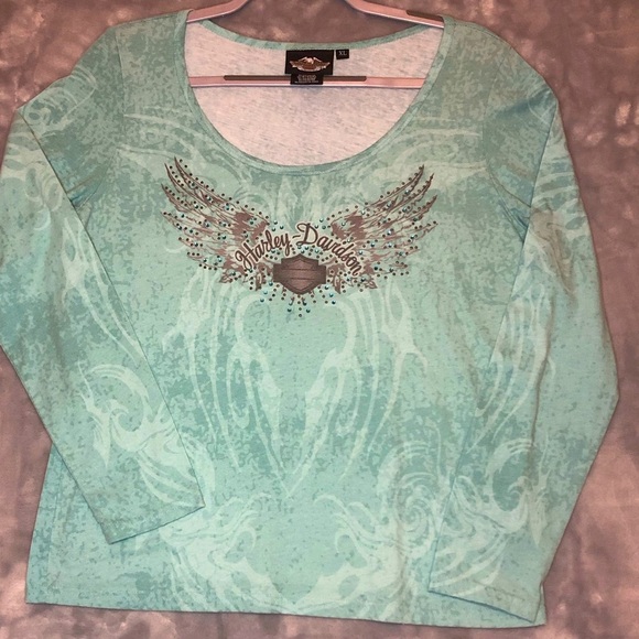 Harley-Davidson Tops - Harley Davidson Mint Green with H.D. Logo Long sleeve Shirt Size XL